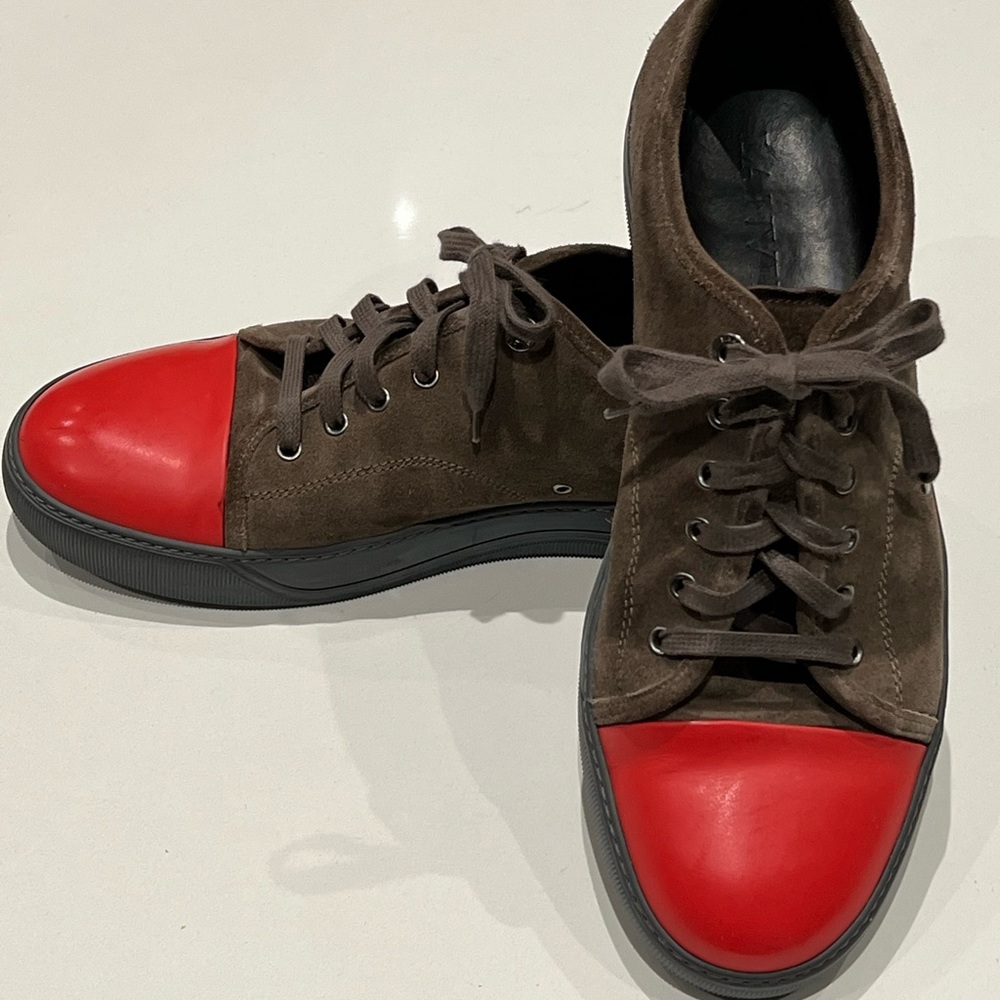 LANVIN men's brown suede sneakers with red cap toe